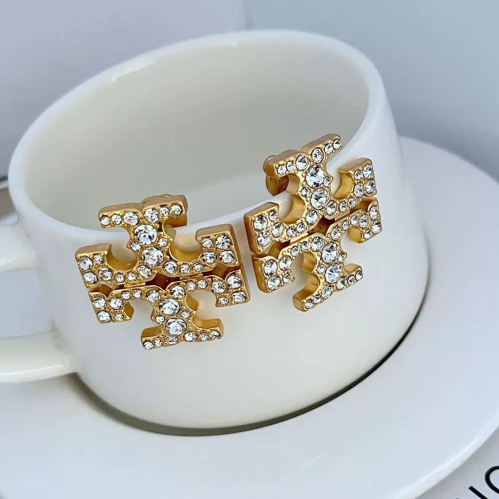 Tory Burch Large Rhinestone Letter Metal Stud Earrings